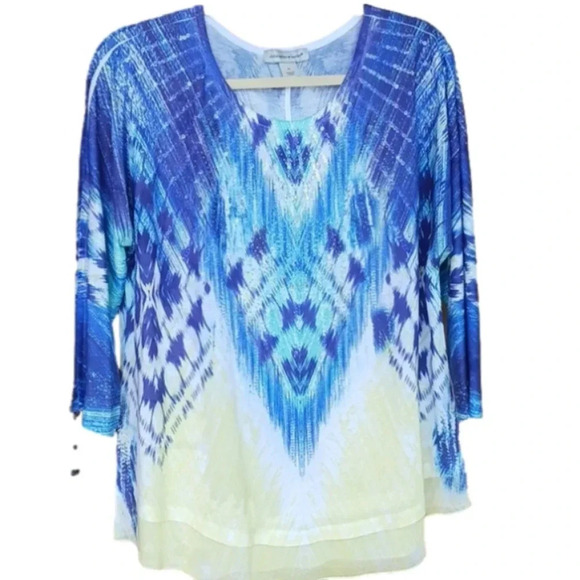 Christopher and Banks Blue and Yellow 3/4 sleeve top XL - Picture 1 of 5